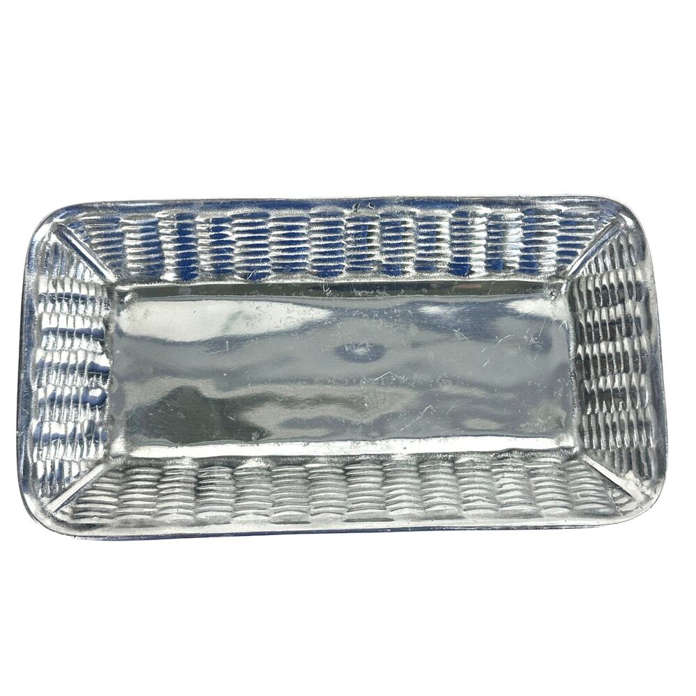 Aluminum Pewter Basket Weave Accented Bread Serving Tray